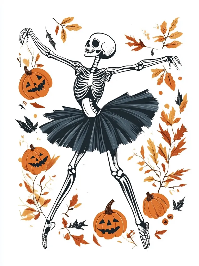 A skeletal ballerina dances in a black tutu, surrounded by pumpkins and autumn leaves. The ballerina's posture is graceful and elegant, with her arms outstretched and her legs in a mid-air pose. The pumpkins are carved with jack-o'-lantern faces, adding a whimsical touch to the scene. The leaves are in shades of orange, yellow, and brown, creating a vibrant autumnal backdrop.  This artwork combines the spooky spirit of Halloween with the elegance of ballet, resulting in a unique and captivating image.