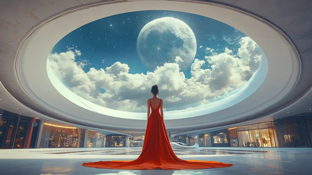 A woman in a long, flowing red dress stands in the middle of a circular building. She is gazing up at a large, round skylight that reveals a blue sky with white clouds and a crescent moon. The building is modern and minimalist with large windows and smooth, white walls. The scene creates a sense of awe and wonder, as if the woman is in a dreamlike state.