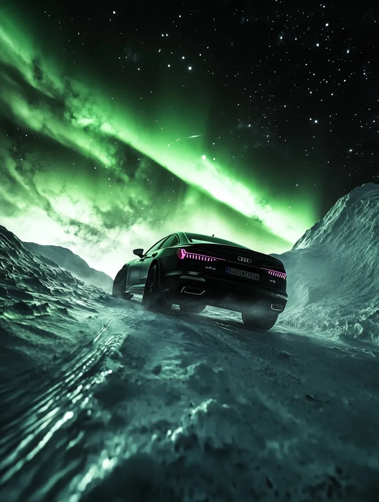 A black Audi car drives through a snowy landscape under a starry night sky. The green glow of the aurora borealis illuminates the scene. The car's taillights reflect the vibrant green light, creating a striking contrast. The scene evokes a sense of mystery and adventure.