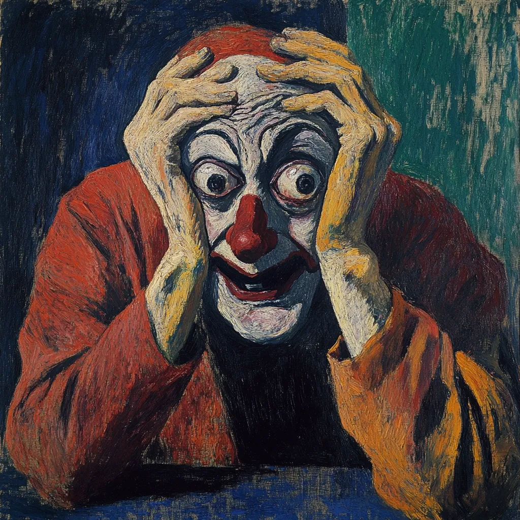 The painting depicts a clown in a red and yellow costume. He is holding his head in his hands with a distressed expression. His large, wide eyes and exaggerated red nose add to the clownish appearance. The painting is done in a thick, impasto style. The background is a dark blue and green, creating a sense of isolation and gloom. The overall tone is somber and melancholic.  The expression on the clown’s face suggests sadness and despair.  This painting is a powerful and evocative depiction of the human condition.  The artist has captured the vulnerability of the clown, and the underlying sadness that can be hidden behind a mask.  It is a reminder that even those who make us laugh can experience deep emotions.