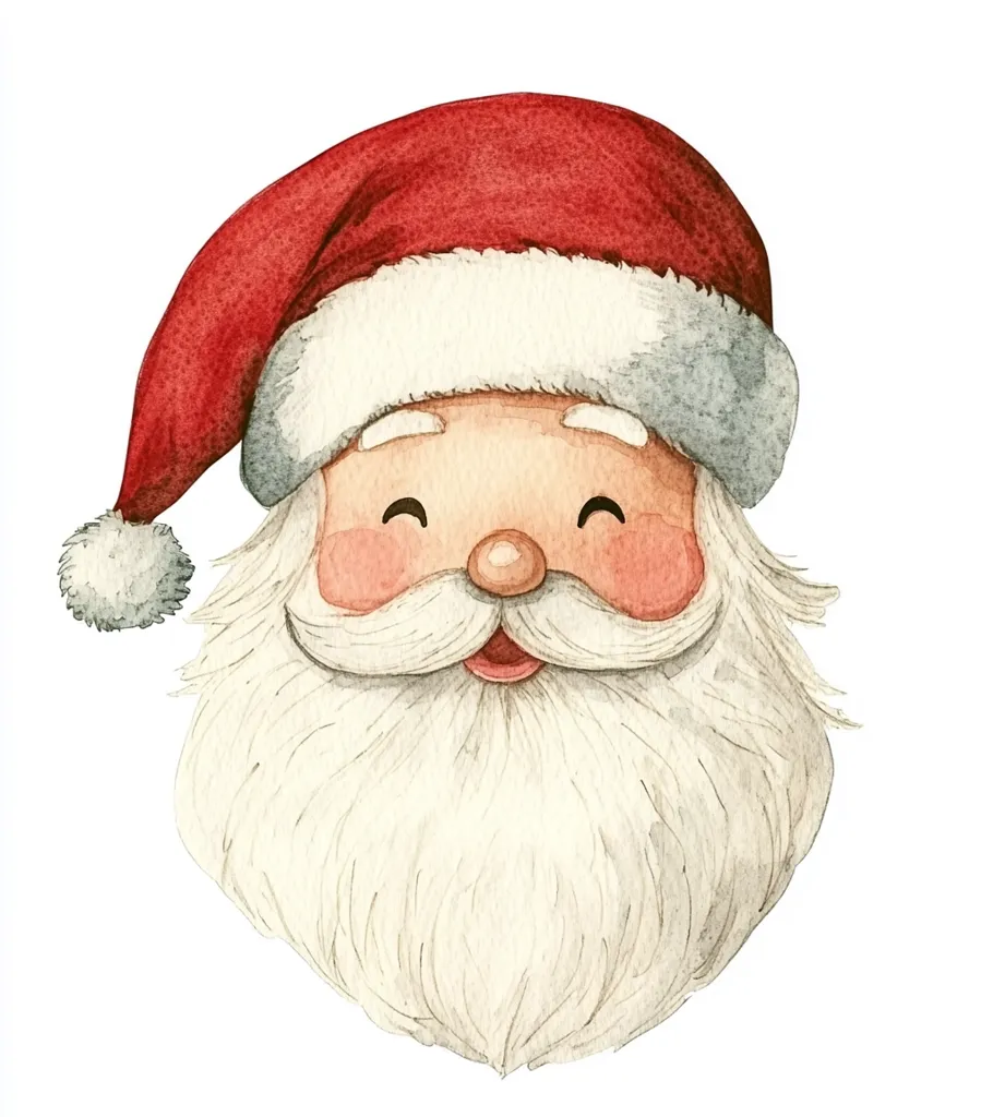 This is a watercolor painting of Santa Claus's face. He is wearing a red hat with a white trim, and his white beard is full and fluffy. He is smiling and looks jolly.  The painting is done in a whimsical style with a focus on the detail of Santa's face and beard.  The background is white, making the Santa stand out.