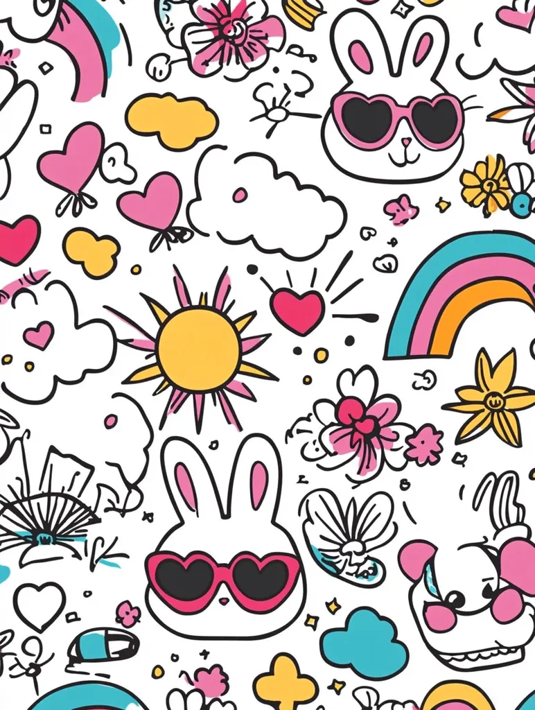 A whimsical and colorful pattern featuring cartoon bunnies, hearts, flowers, clouds, and a rainbow. The bunnies wear heart-shaped sunglasses and have a sweet, cartoonish expression. The overall design evokes a playful and happy mood. The background is white, allowing the bright colors of the elements to stand out.