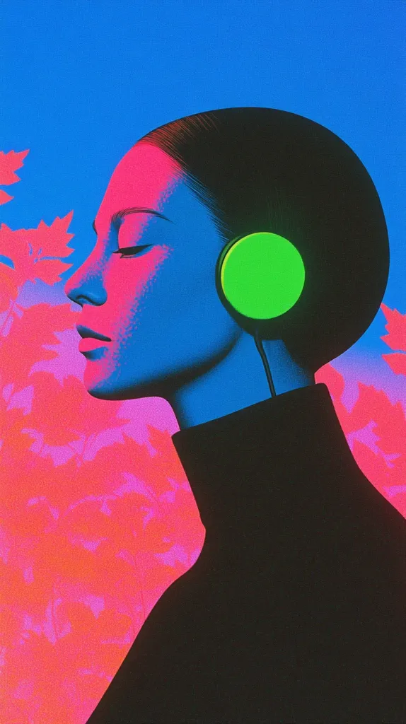 The image features a woman with short dark hair wearing a black turtleneck sweater and headphones with a green earcup. The background is a vibrant pink and purple color, with a blue sky peaking out at the top. The woman's expression is serene, and her eyes are closed. The overall tone of the image is peaceful and contemplative.