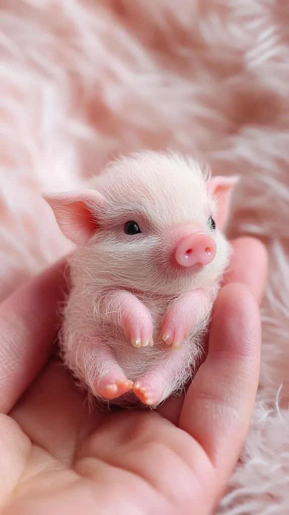 A tiny pink piglet with small, delicate hooves sits curled up in the palm of a hand. It has a fluffy, white coat and small, pink ears. The piglet is surrounded by soft, pink fur.  Its eyes are wide and dark. The piglet looks very cute and innocent. The overall image is soft and delicate.
