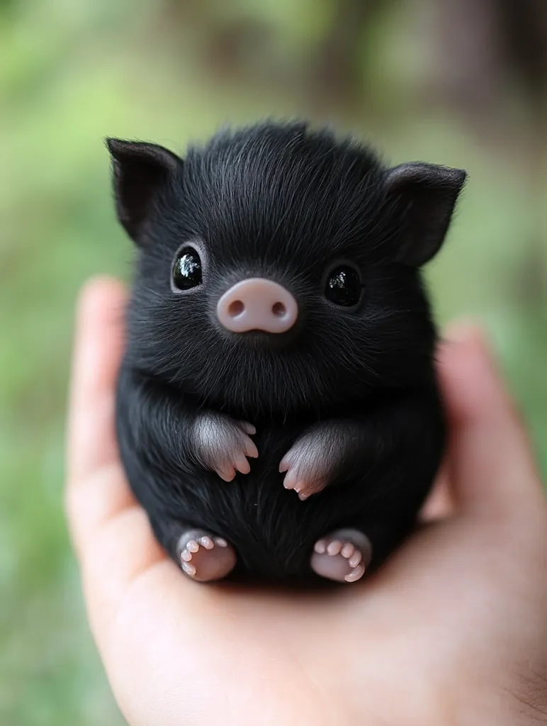A tiny black piglet with large eyes and a pink snout is being held gently in a human hand. The piglet has soft, fluffy fur and is sitting upright with its front paws tucked in towards its chest. The background is blurred, focusing attention on the adorable piglet.  Its pink hooves are visible, adding to its cuteness.