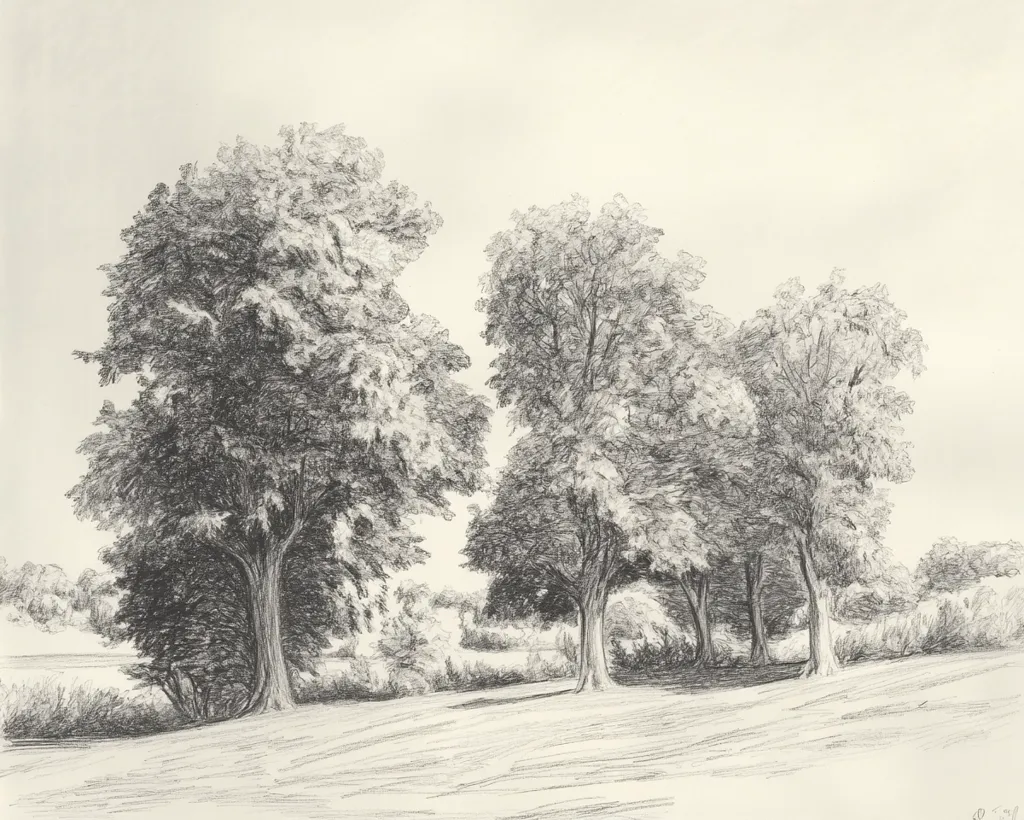 The pencil drawing depicts a serene landscape with five trees standing tall in the foreground. The trees are drawn in a detailed and realistic style, with their branches and leaves rendered in a variety of shades of gray. The trees are set against a simple background of a light gray sky, creating a sense of depth and space. The overall effect of the drawing is one of peacefulness and tranquility.