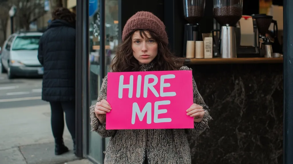 A young woman with a serious expression stands outside a storefront, holding a bright pink sign that reads "HIRE ME" in large white letters. She is wearing a brown beanie and a gray knitted sweater. The sign is held in front of her chest, partially obscuring her face. The background features a blurred city street with a car parked in the distance and a person walking past. The storefront behind her has coffee equipment and a dark marble counter.  The image conveys a sense of vulnerability and desperation in the search for employment.