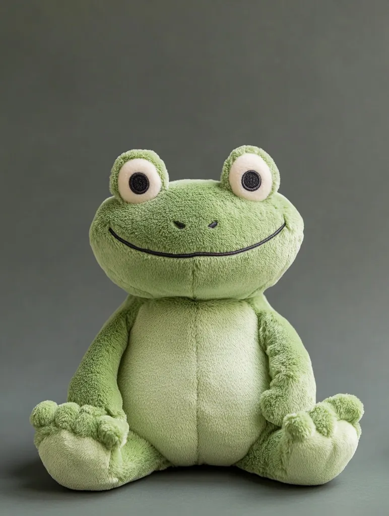 A plush green frog sits on a green background. It has large, black eyes and a wide, friendly smile. Its soft, fuzzy texture invites you to hug it. The frog's arms are crossed in front of its body, as if it's content and ready to relax.