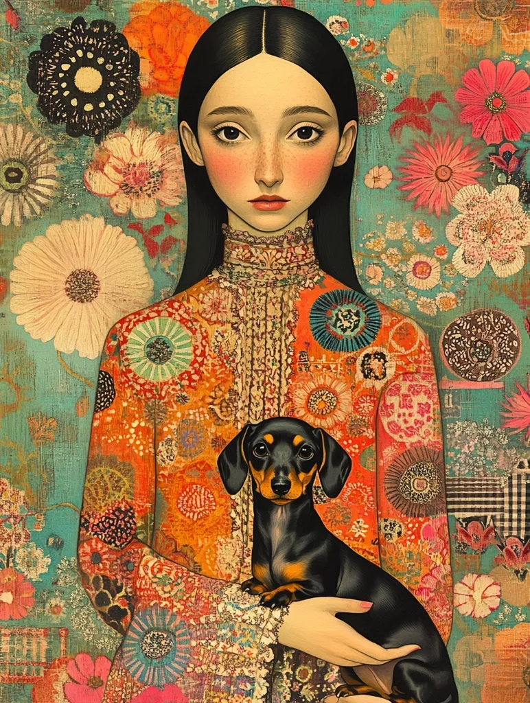 A young woman with long black hair, wearing a colorful, patterned dress, holds a dachshund in her arms.  The background is a vibrant turquoise with a variety of floral patterns in various colors.  The woman's expression is calm and gentle. The image is painted in a realistic style with meticulous detail.