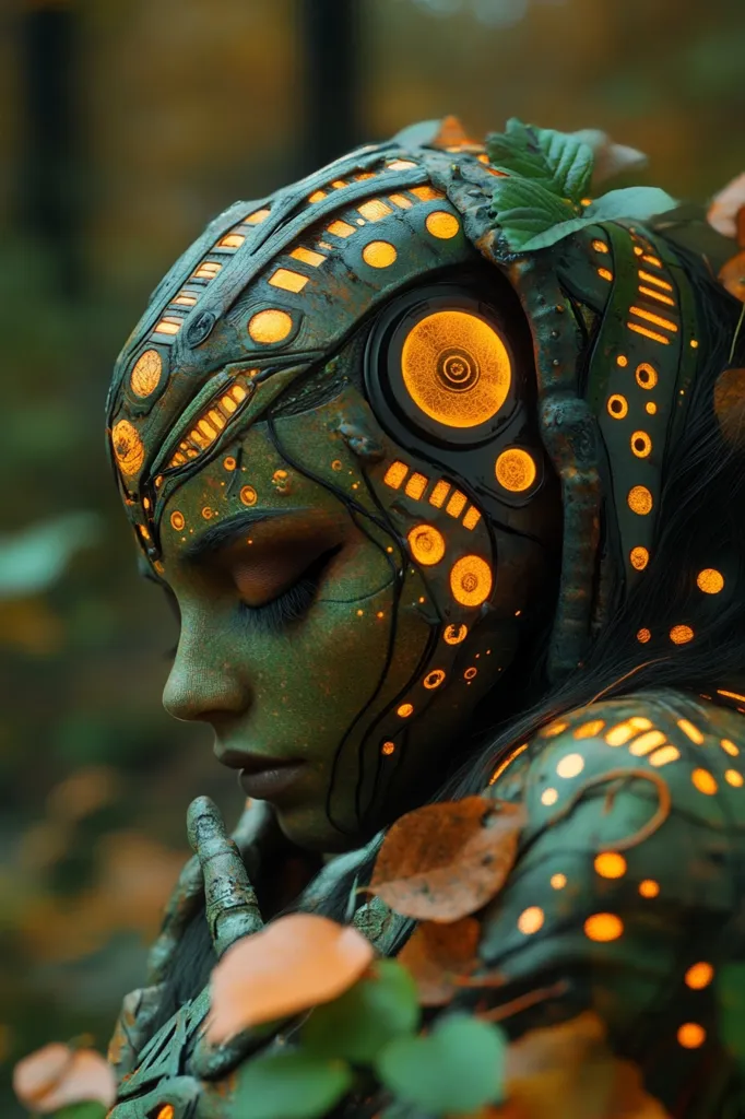 The image depicts a close-up of a woman with a futuristic, robotic head. The metal head is covered in intricate details and glowing yellow lights, creating a contrast against the dark forest background. The woman's eyes are closed, and her expression is serene, as if she is in deep thought or meditation. Leaves and branches surround her head, blending the artificial with the natural world. The image evokes a sense of mystery and wonder, suggesting a connection between technology and nature.
