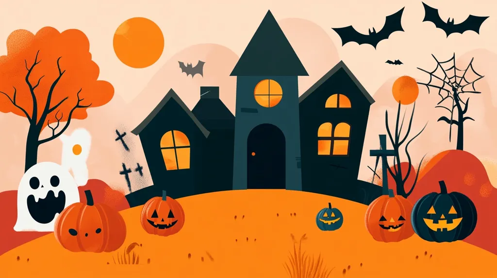 A spooky Halloween scene with a haunted house, a ghost, pumpkins, bats, and a spiderweb. The house has glowing windows and a dark doorway. The pumpkins are carved with spooky faces, and the bats are flying in the sky. The scene is set against a backdrop of orange and brown autumn colors.
