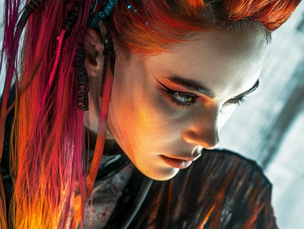 A woman with bright orange and pink hair looks down with a serious expression. Her hair is styled with black cords, and she wears dark clothing. The lighting creates a warm glow on her face, highlighting her sharp cheekbones and dark eye makeup. The background is out of focus, emphasizing the subject.