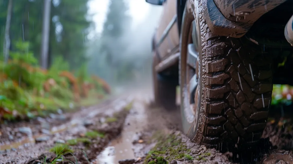 A close-up of a mud-covered tire on a vehicle driving through a muddy forest road. Rain falls in the background, and the trees are blurred, highlighting the ruggedness of the tire and the challenging terrain. The scene captures the essence of off-roading and the wild beauty of nature.