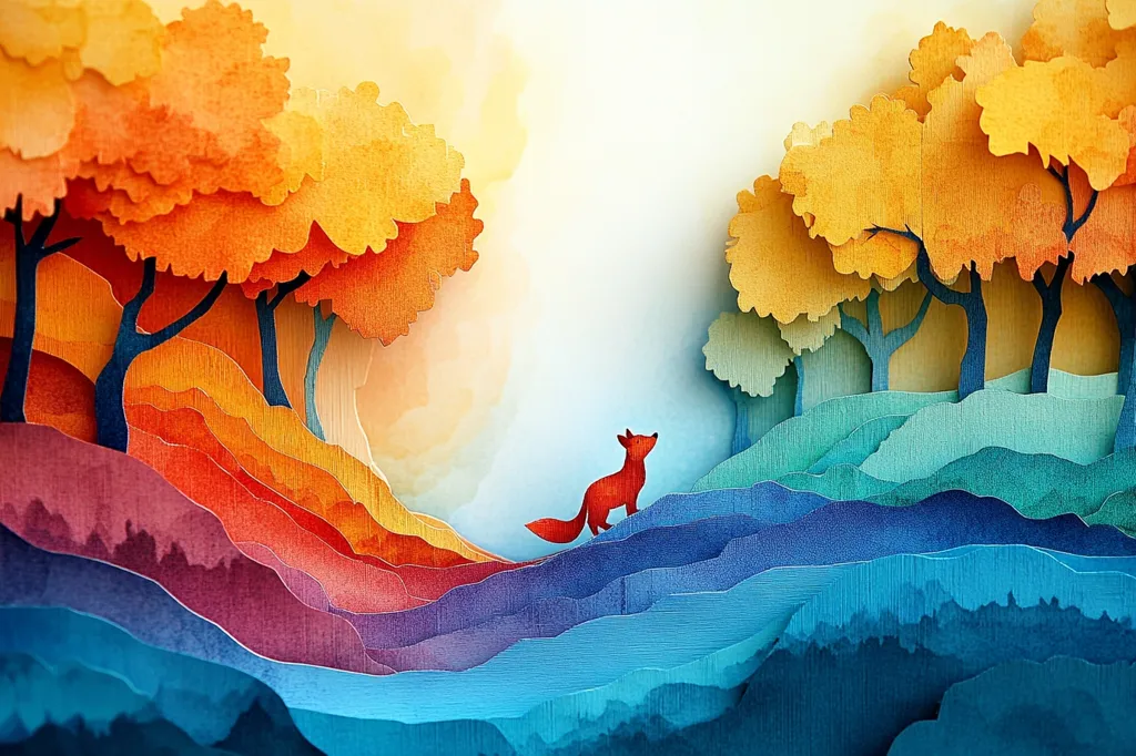 A stylized, paper-cut illustration of a forest landscape. Two trees with orange foliage stand on a hillside of layered, colorful paper, ranging from red to purple to blue. A small, orange fox stands on the hill, gazing at the scene. The background is a soft, white watercolor wash, suggesting a hazy sky. The image is vibrant and whimsical.