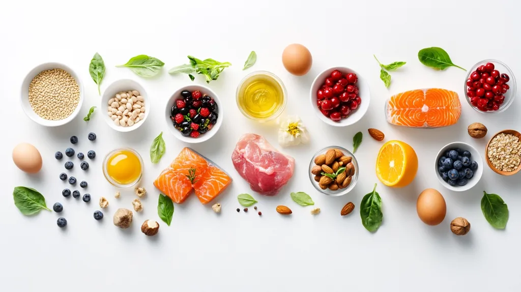A white background features a colorful arrangement of healthy foods.  From left to right: a bowl of quinoa, an egg, blueberries, an egg yolk, salmon, a piece of raw pork, almonds, an orange, blueberries, and a bowl of oatmeal.  Other ingredients include: white beans, raspberries and blackberries, cranberries, and olive oil. Green leaves are scattered throughout.  This is a visual representation of a healthy diet.