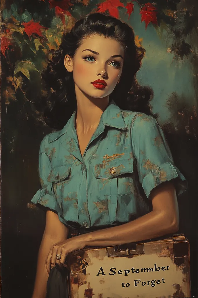 A woman with dark hair and striking blue eyes gazes wistfully to the side. She wears a faded blue shirt and leans against a wooden box. The box is labeled "A September to Forget," hinting at a somber story. The background features a blur of red and green leaves, suggesting a change of season. The image evokes a sense of longing and the passing of time.