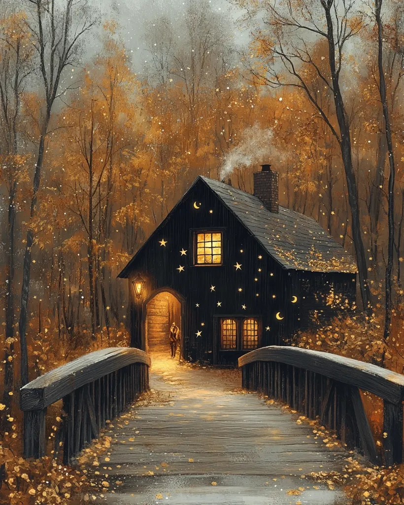 A quaint wooden cabin sits nestled within a forest of autumnal trees. The cabin's facade is adorned with stars and moons, creating a whimsical and enchanting atmosphere. A wooden bridge leads toward the cabin, inviting the viewer to step into this magical world.  The glow of the windows illuminates the path, creating a sense of warmth and welcome.  A lone figure stands near the doorway, adding a touch of mystery and intrigue.