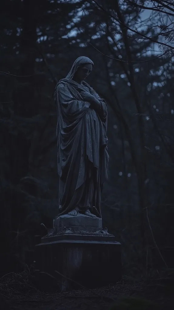 A stone statue of a woman in a long robe stands on a pedestal in a dark, shadowy forest. The statue's face is obscured by the shadows, but her hands are clasped in front of her. The trees around the statue are tall and thick, creating a sense of mystery and solitude. The image is shot in low light, giving it a dark and atmospheric feel. The statue's pose and the surrounding darkness suggest a sense of mourning or contemplation.