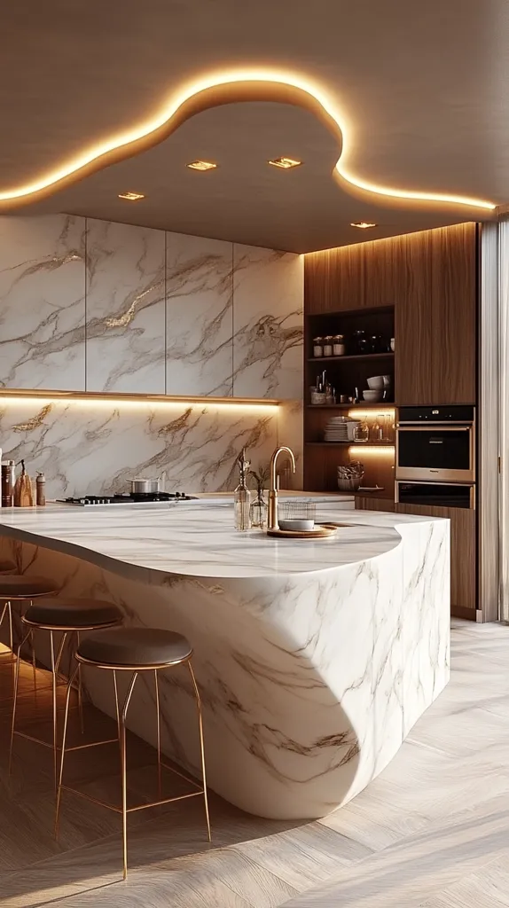 A modern kitchen with a white marble island, a curved ceiling with integrated lighting, and a brown wooden cabinet. The island has a unique curved design and is accented with gold bar stools. There is a built-in oven and a sink with a gold faucet. The floor is made of light-colored wood. The overall style is minimalist and luxurious.