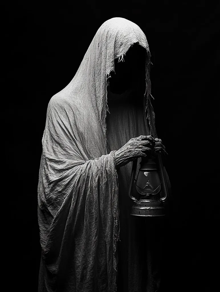 A shadowy figure, shrouded in a long, flowing robe, stands against a dark background. The figure's face is hidden by the hood of the robe, casting an eerie air of mystery. The figure holds a lantern with a faint glow, suggesting a sense of anticipation and the possibility of a journey into the unknown. The image creates a sense of dread and suspense, leaving the viewer to imagine the figure's motives and the destination of their journey.