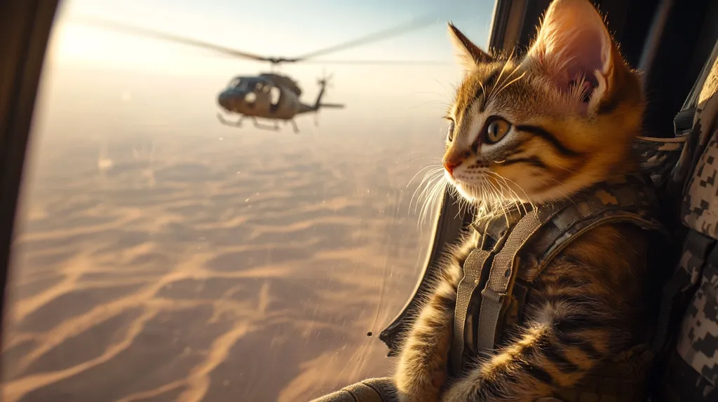 A tabby cat wearing a camouflage harness is sitting in a helicopter looking out the window. The cat is looking at the helicopter flying below it, while the desert landscape is visible in the background. The image is a humorous take on the military, depicting the cat as a brave soldier.