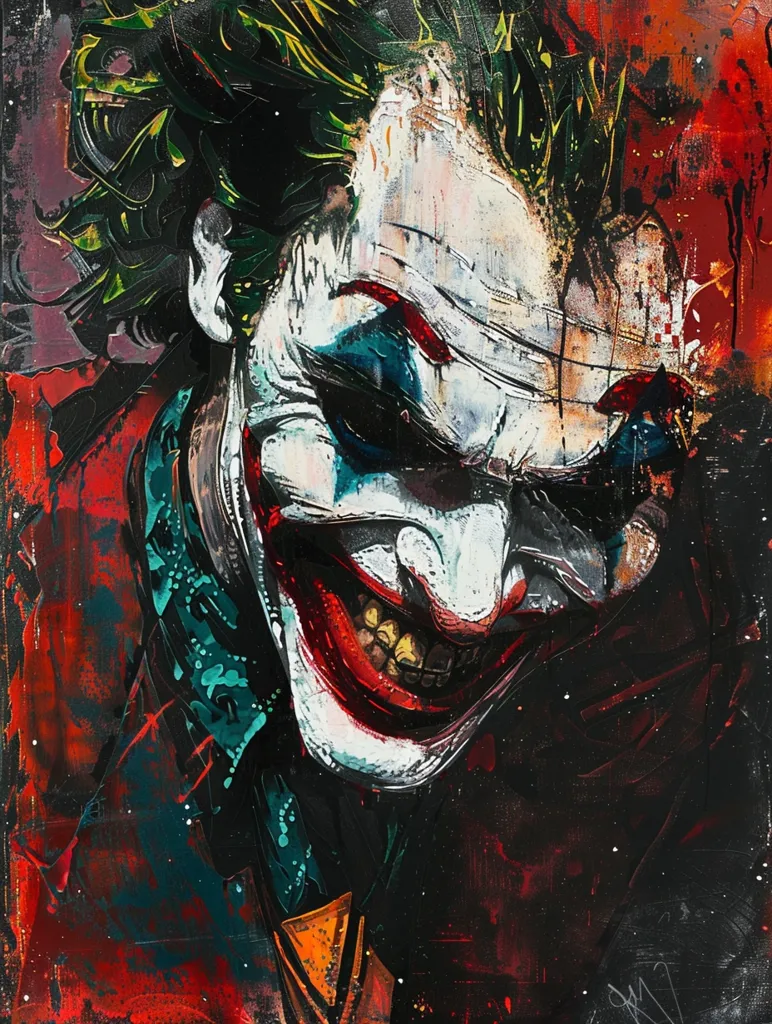 The image is a painting of the Joker, a supervillain from Batman comics. The painting is done in a bold, abstract style with vibrant colors. The Joker's face is prominent, with a wide, unsettling grin and painted-on makeup. The background is a mix of dark and bright colors, creating a chaotic and unsettling atmosphere. The painting evokes a sense of danger and madness.  The overall style is a mix of graffiti and abstract art, with a grunge aesthetic.  The Joker's signature green hair is prominent, with splatter paint and dripping paint adding to the chaotic energy of the piece.