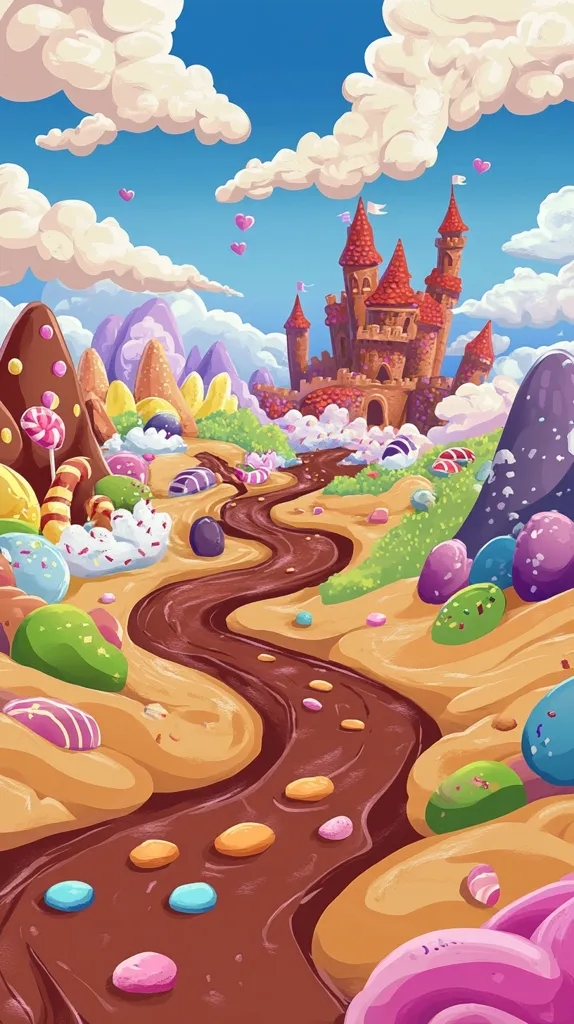 The image depicts a whimsical candy land landscape. A winding chocolate river flows through the scene, surrounded by candy-themed hills and a gingerbread castle in the distance. The landscape is dotted with brightly colored candies and sprinkles, creating a playful and sweet atmosphere. The sky is clear and blue, with fluffy white clouds. Hearts float through the air, adding to the magical feel of the scene.