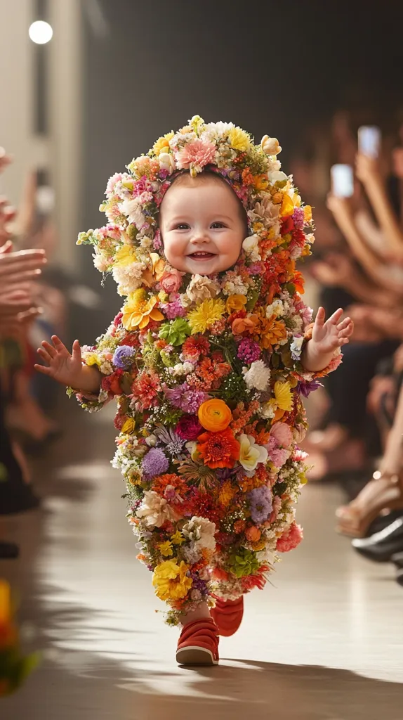 A young child, dressed entirely in a vibrant floral costume, walks down a runway. The costume is made up of various flowers, creating a colorful and whimsical appearance. The child's face is beaming with joy as they model the unique outfit. The background features a blurred crowd of spectators, adding to the atmosphere of a fashion show. The child's bright red shoes stand out against the floral ensemble.  The image captures a moment of innocent joy and fashion creativity.