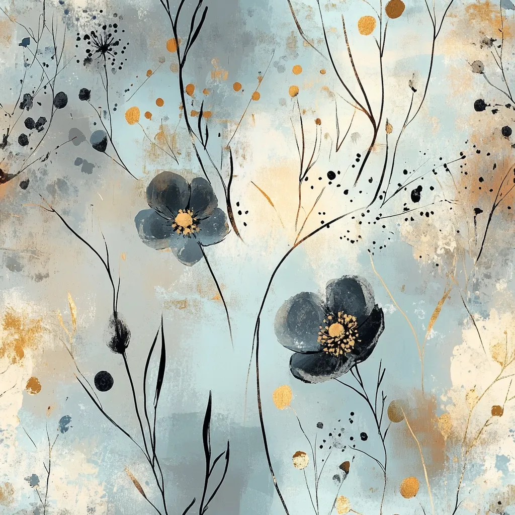 The image is an abstract painting with a delicate and ethereal feel. It features a light blue background with a subtle texture, reminiscent of watercolor. Black and gold brushstrokes create an intricate network of stems and leaves, adding depth and movement to the composition. Two large blue flowers with golden centers are prominent, their petals softly painted with a hazy outline. The overall effect is one of gentle beauty and tranquility.