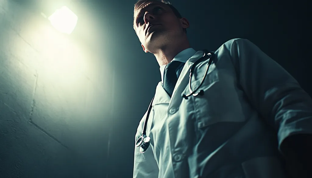A doctor, wearing a white coat and a stethoscope, stands in a dimly lit room. The light above him casts a spotlight on his face, emphasizing his serious expression. He looks upwards, suggesting a sense of contemplation or determination. The image is likely meant to evoke a sense of mystery or suspense.