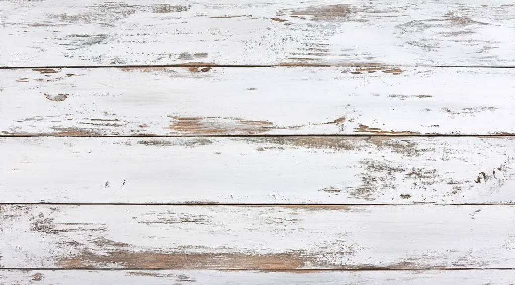 The image shows a close-up of a whitewashed wooden surface. The wood is arranged in horizontal planks, with the white paint showing signs of wear and tear. The natural wood grain is visible in places where the paint has chipped away. The overall effect is rustic and charming, with a hint of weathered beauty.