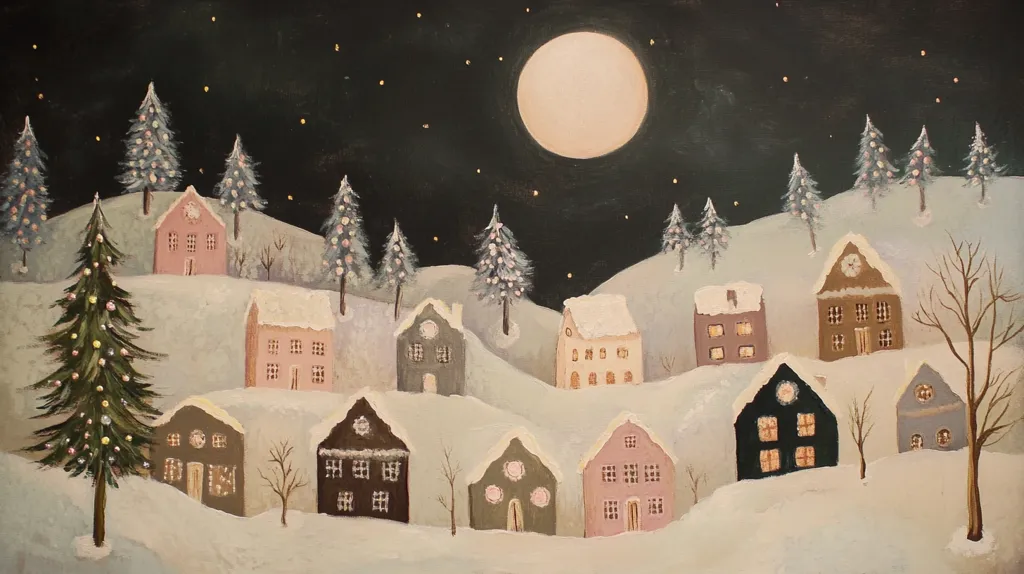 A whimsical winter scene with a full moon shining above a quaint village.  Small, charming houses line the snow-covered hills, their windows glowing with warm light. A tall, decorated Christmas tree stands proudly in the foreground, while snow-laden pine trees dot the landscape.  The starry night sky adds to the magical atmosphere.  The painting conveys a sense of peaceful coziness and the magic of the holiday season.