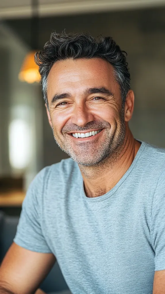 A man with short, dark hair and a beard is smiling warmly. He is wearing a light blue t-shirt and is standing in front of a blurred background. His eyes are bright and his smile is genuine. The photo captures his positive energy and friendly demeanor.