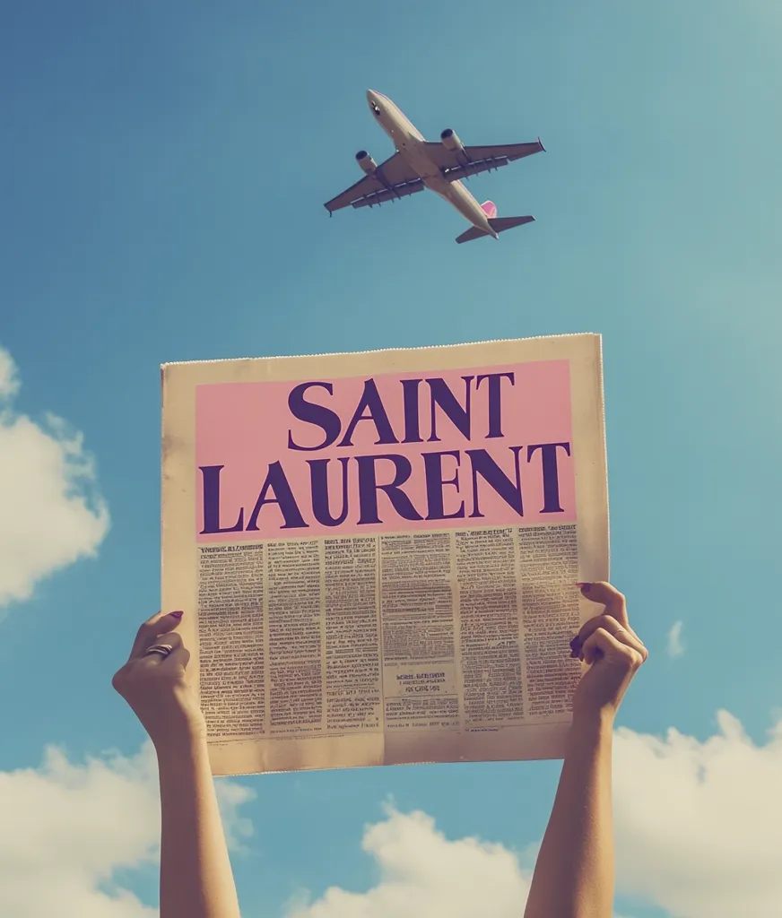 A person holds a newspaper with the words "SAINT LAURENT" in bold purple letters on a pink background. The newspaper is held high above the person's head with the sky visible behind it, and a white airplane flies in the upper portion of the image. The image has a vintage filter applied.