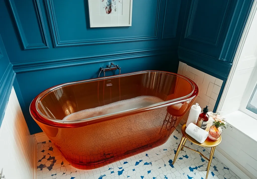 A luxurious bathroom with a freestanding copper bathtub filled with foamy water. The bathtub is positioned against a teal wall with intricate molding. The floor is tiled in a white and blue pattern. A small gold table with a white towel, toiletries, and a vase of pink flowers is next to the tub. The bathroom has a bright and airy feel with a large window.