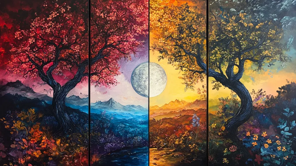 The painting depicts a large tree with branches stretching across four canvases. The leftmost canvas shows the tree in a vibrant red, as if it's sunset. The second canvas shows the tree in a bluish hue, with a large moon in the sky. The third canvas shows the tree in yellow, as if it's sunrise. The final canvas shows the tree in a dark blue, as if it's night. The artwork suggests the passage of time and the changing seasons.