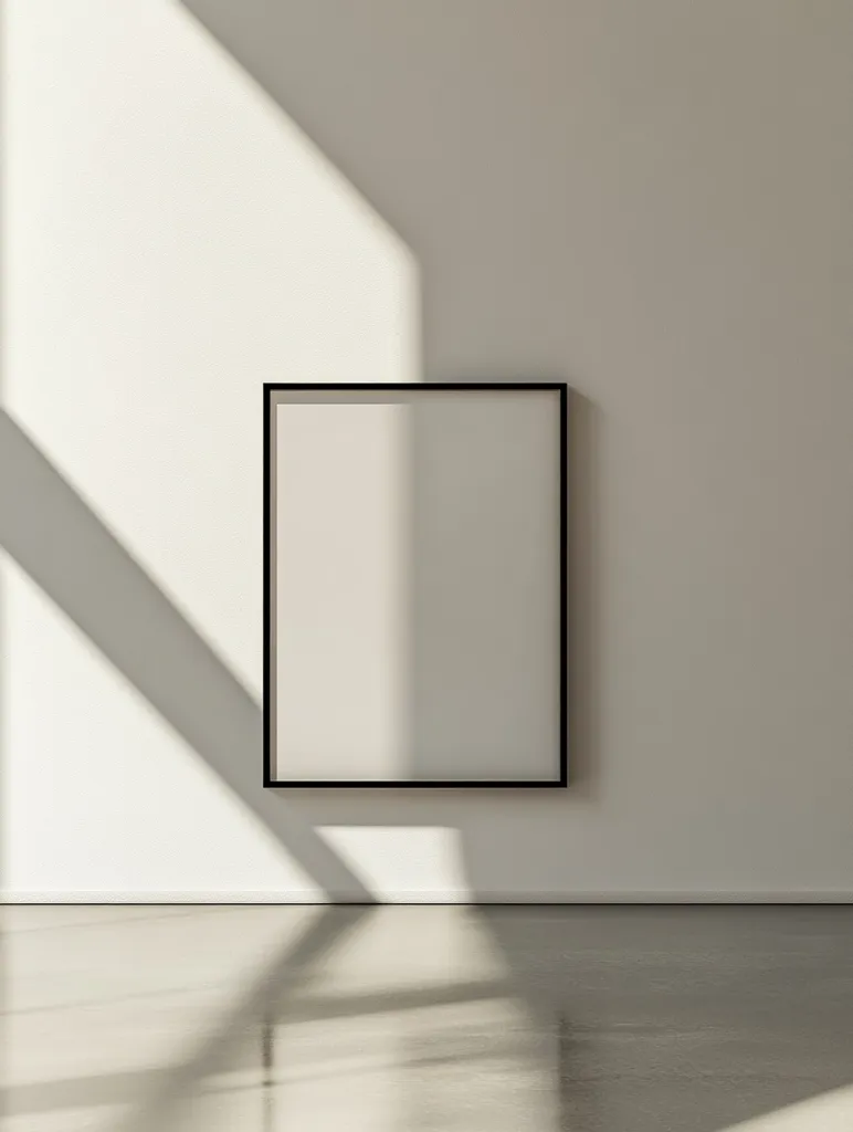 A minimalist interior with a blank canvas in a black frame, hanging on a white wall. The floor is grey concrete, and sunlight streams through a window, casting shadows on the wall and floor. The image is clean and simple, with a focus on the empty canvas.  The overall feeling is one of calm and tranquility.