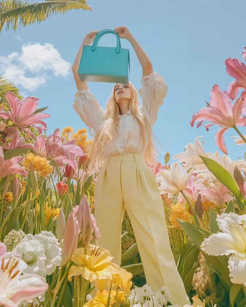 A young woman with long blonde hair stands in a field of flowers, holding a bright blue handbag above her head. She is wearing a white button-down shirt and yellow pants, creating a vibrant contrast against the colorful blooms. The image captures a playful and summery mood, with the sunlight illuminating the scene and creating a dreamy atmosphere. The composition is visually appealing, with the woman's pose and the flowers creating a sense of depth and movement.