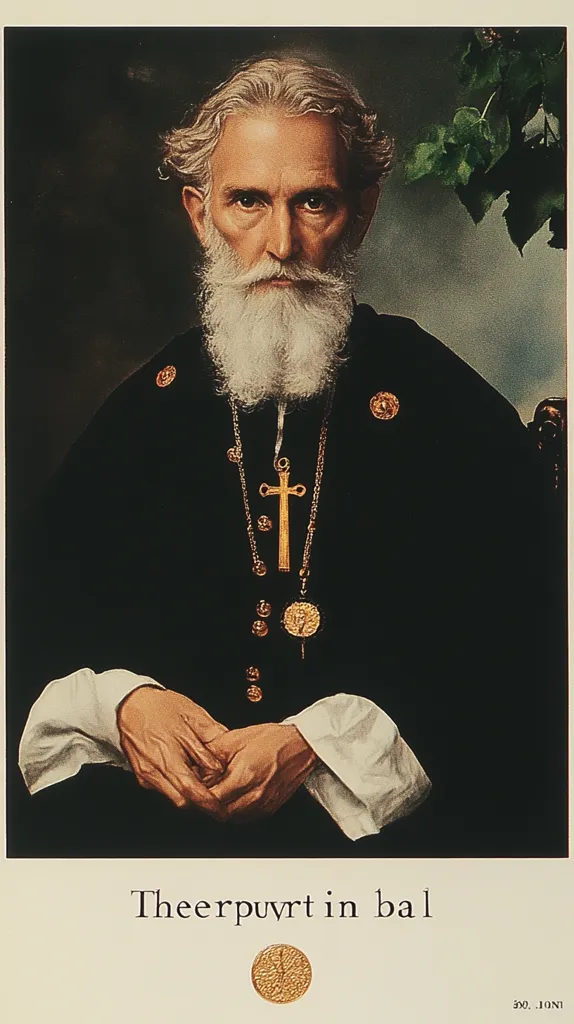 A portrait of an older man with a long white beard. He is wearing a black robe with a gold cross and other decorative elements. His hands are folded in his lap. The image has a vintage feel.  The background is blurred and dark. The caption at the bottom reads "Theerpuvrt in bal".  There is a gold medallion at the bottom.  The overall impression is of a religious figure.