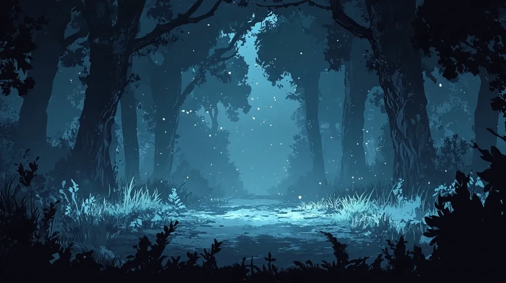 A dark forest with tall trees casting long shadows on the forest floor. The scene is lit by a soft, blue light, creating a mysterious and magical atmosphere. The ground is covered in ferns and other vegetation, and the air is filled with the sound of birdsong. There is a faint glow from fireflies floating in the air. The image is a serene and peaceful representation of nature.