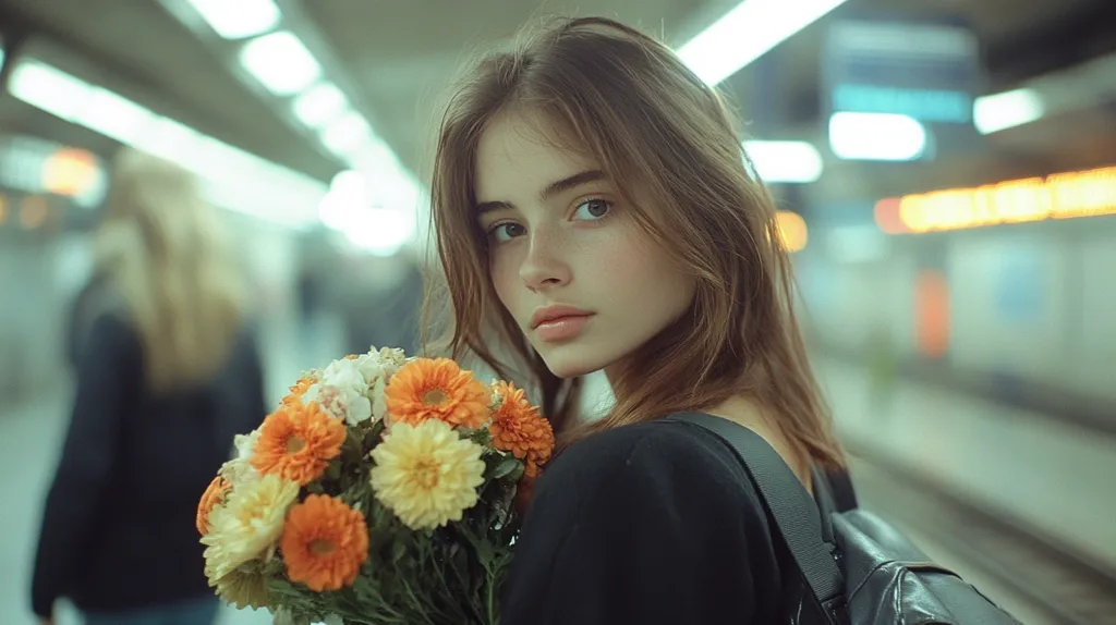 A young woman with long brown hair stands in a subway station, holding a bouquet of yellow and orange flowers. Her eyes are looking directly at the camera, and she has a thoughtful expression on her face.  The background is blurred and out of focus, highlighting the woman and her flowers.  The image has a soft, dreamy quality, suggesting a moment of quiet contemplation.