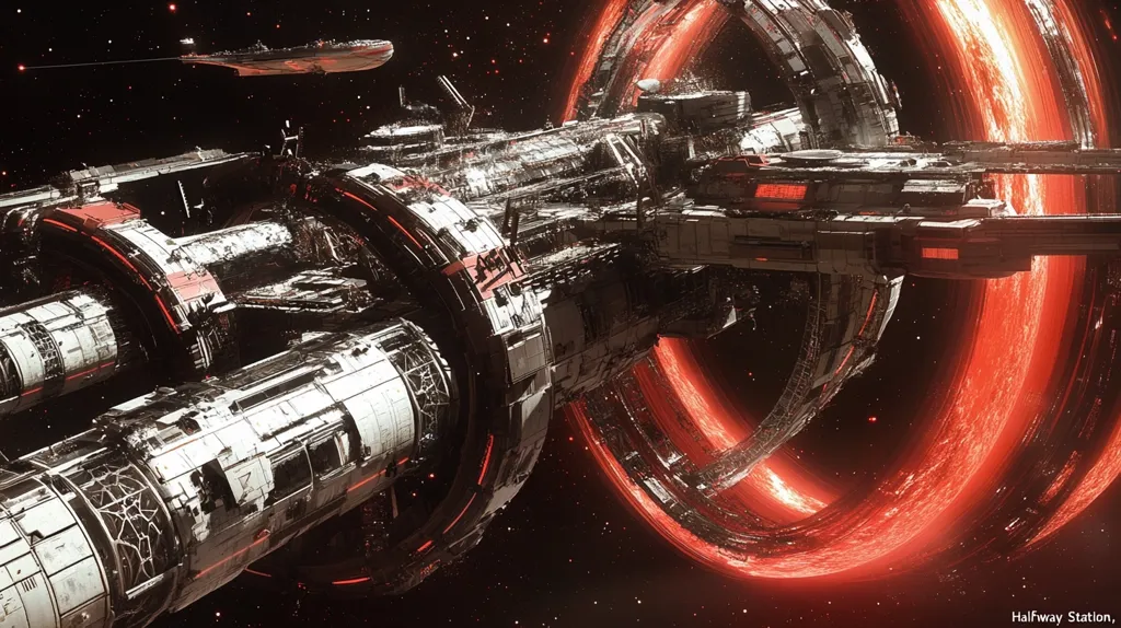 The image shows a large, futuristic space station, with a complex design of interconnected modules and rings. The station is predominantly white and gray, with red accents. It appears to be in orbit around a planet or a star, with a swirling red nebula in the background. The image evokes a sense of awe and wonder, showcasing the grandeur and complexity of space exploration.