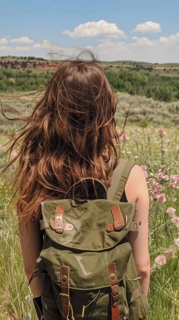 A woman with long brown hair, wearing a green backpack, stands in a grassy field. The sun is shining and the sky is blue with white clouds. The woman's back is to the camera, and she is looking out over the field. The field is covered in green grass and wildflowers.  The image evokes a sense of peace and tranquility.
