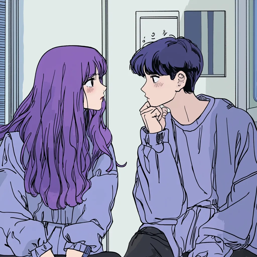 The image features a young couple, a girl with long purple hair and a boy with short black hair, in a close-up shot. They are both dressed in casual attire, with the girl wearing a blue jacket and the boy wearing a lavender sweater. The couple appears to be engaged in a heartfelt conversation, with the boy looking at the girl with an expression of love and the girl blushing. The scene is set against a simple backdrop of a white wall and a door, creating a sense of intimacy and privacy.