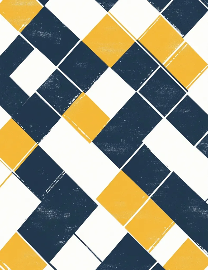 The image is an abstract geometric pattern featuring a grid of squares in yellow, navy blue, and white. The squares are arranged in a diagonal pattern, creating an illusion of depth. The yellow squares are slightly faded and textured, giving the image a distressed look. The overall design is simple, clean, and modern.