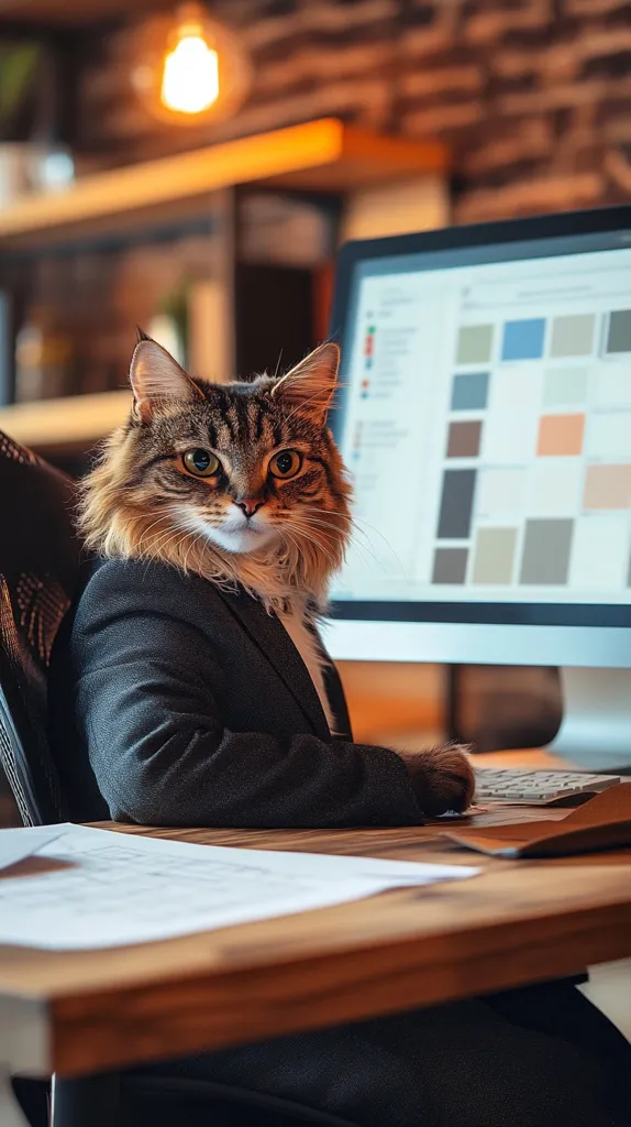 A fluffy cat, dressed in a black suit, sits at a desk with a computer monitor in front of it. It has a serious expression on its face, as if it is working on a project. The cat's paw rests on the desk, ready to type on the keyboard. The background is blurred, but a brick wall and a shelf are visible. There is a piece of paper on the desk and a black office chair behind the cat. The cat appears to be a professional in this image.