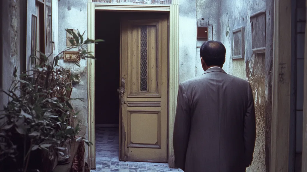 A man in a grey suit walks down a narrow alleyway. An open doorway is to his left, revealing a room with a wooden door. The alley is lined with peeling paint and crumbling plaster. A potted plant sits on the floor, its leaves casting shadows on the wall. The man is heading towards the end of the alley, his destination unknown. The scene is quiet and atmospheric, suggestive of a moment of introspection or contemplation.