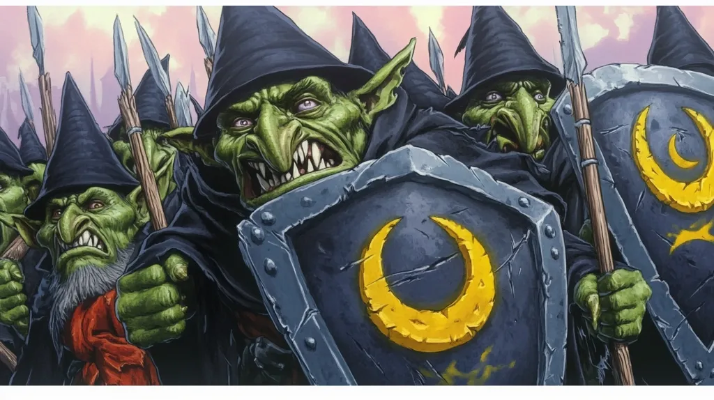 The image depicts a menacing army of goblins, all wearing black cloaks and pointed hats. They are armed with spears and shields, and their faces are contorted into expressions of aggression. The shields feature a prominent crescent moon symbol, perhaps representing their allegiance or a specific faction. The overall scene evokes a sense of impending battle and danger.