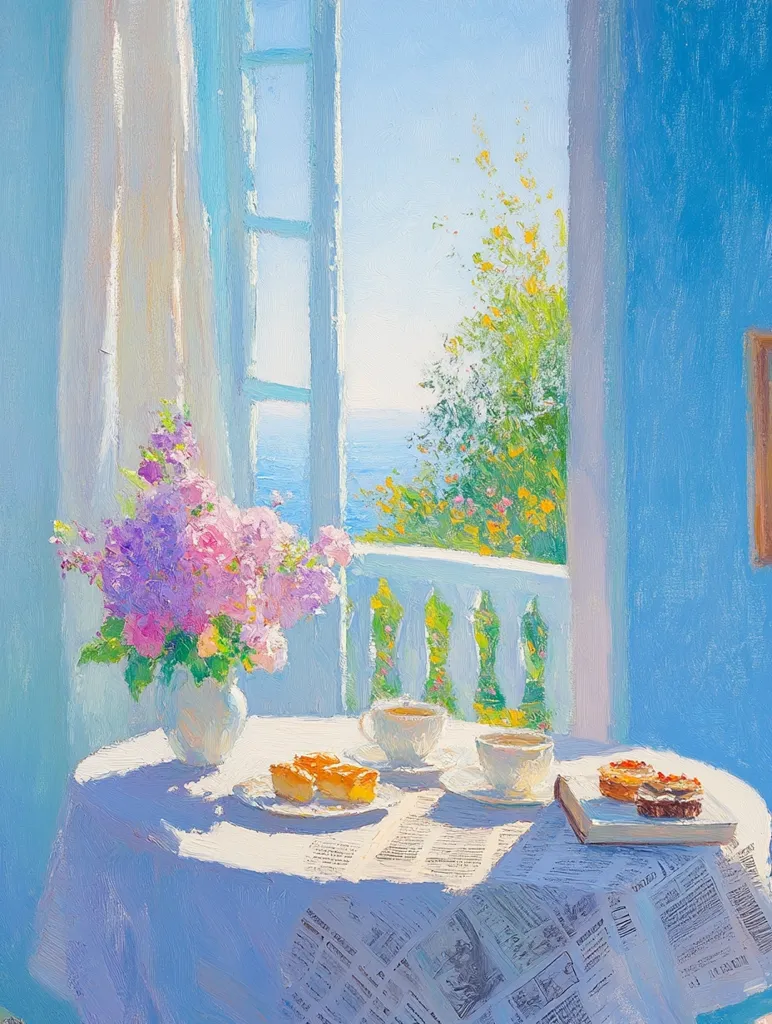 A painting depicting a  table setting with a bouquet of flowers, two cups of tea, and a plate of pastries. The table is covered with a white tablecloth and a newspaper. The window behind the table offers a view of the sea and a lush, green landscape. The overall tone of the painting is bright and cheerful, suggesting a relaxing and enjoyable moment.