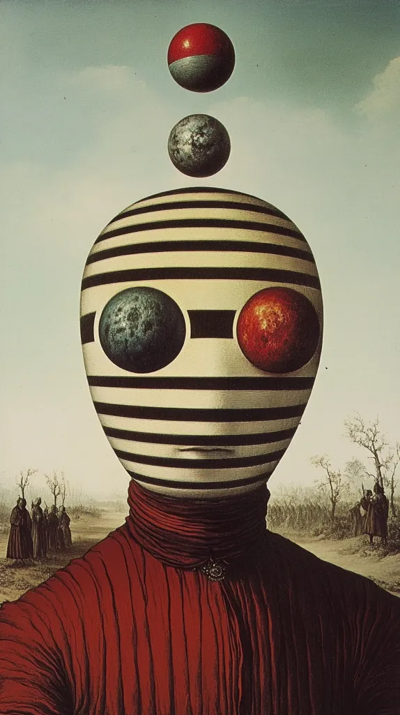 The image features a surreal portrait of a person with a striped head. The head is adorned with three spheres, the top one being red and white. The face is obscured by the stripes, and the person is wearing a crimson robe. The background features a group of figures in the distance and a cloudy sky. The overall tone is dreamlike and enigmatic.